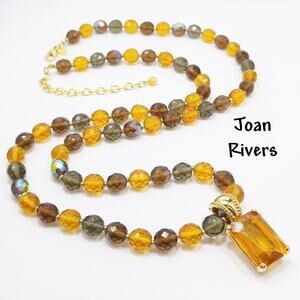 Joan Rivers Long Beaded Necklace Amber Crystal Pendant Gold Tone 38” Vintage